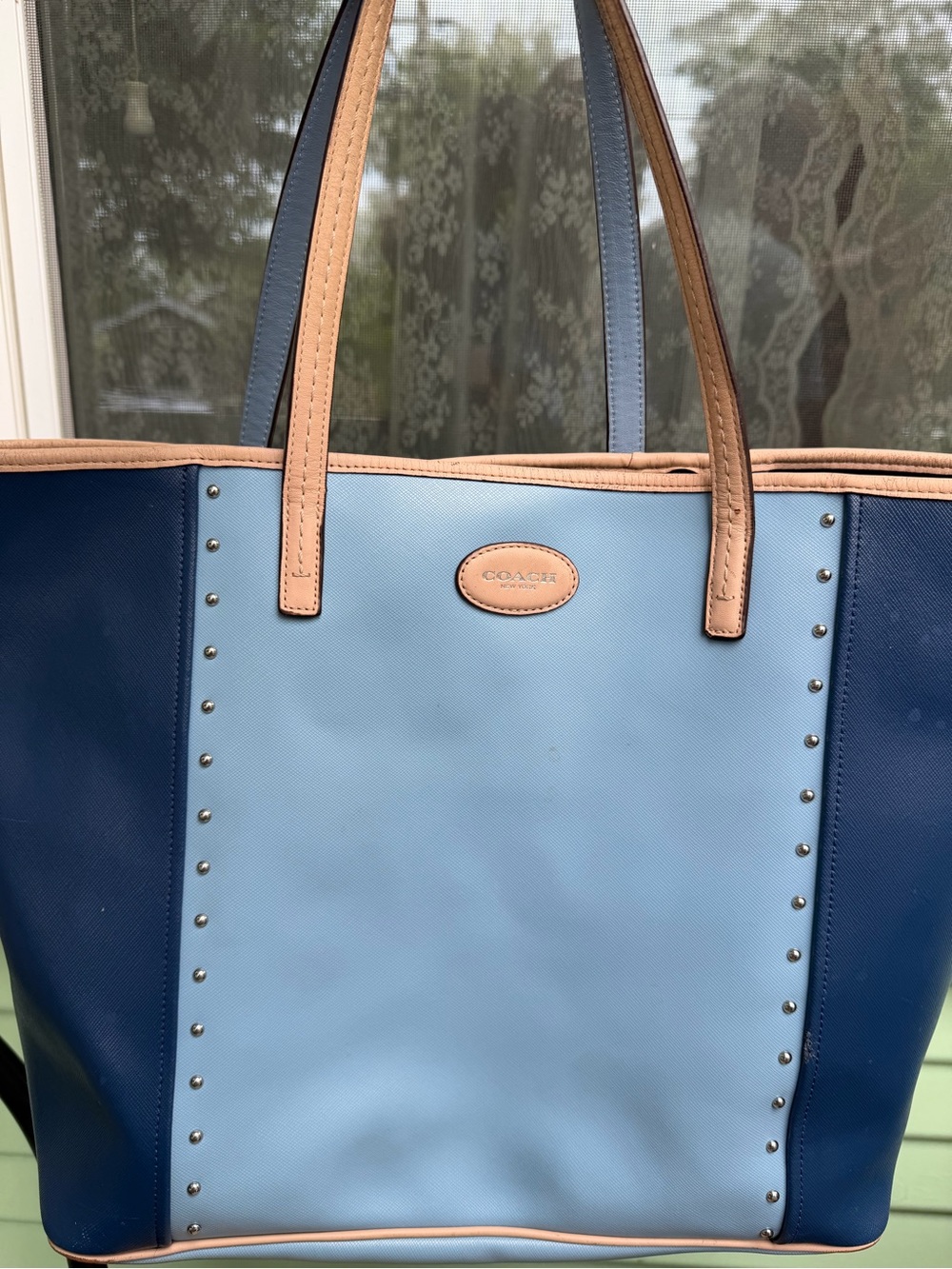 Coach Light Blue and Navy Leather Tote with Tan Trim and Studs